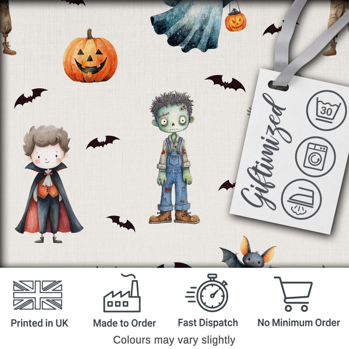 Halloween Zombie Mummy Vampire Bat Spooky Light Grey  Seamless Pattern Digital Print Fabric by the Metre UK Sewing Quilting Textile