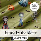 Halloween Zombie Mummy Vampire Bat Spooky Olive  Seamless Pattern Digital Print Fabric by the Metre UK Sewing Quilting Textile