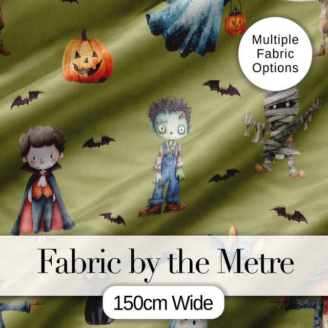 Halloween Zombie Mummy Vampire Bat Spooky Olive  Seamless Pattern Digital Print Fabric by the Metre UK Sewing Quilting Textile
