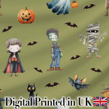 Halloween Zombie Mummy Vampire Bat Spooky Olive  Seamless Pattern Digital Print Fabric by the Metre UK Sewing Quilting Textile