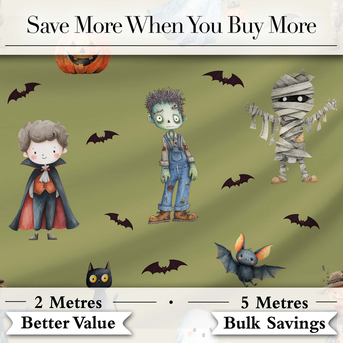 Halloween Zombie Mummy Vampire Bat Spooky Olive  Seamless Pattern Digital Print Fabric by the Metre UK Sewing Quilting Textile