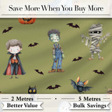 Halloween Zombie Mummy Vampire Bat Spooky Olive  Seamless Pattern Digital Print Fabric by the Metre UK Sewing Quilting Textile