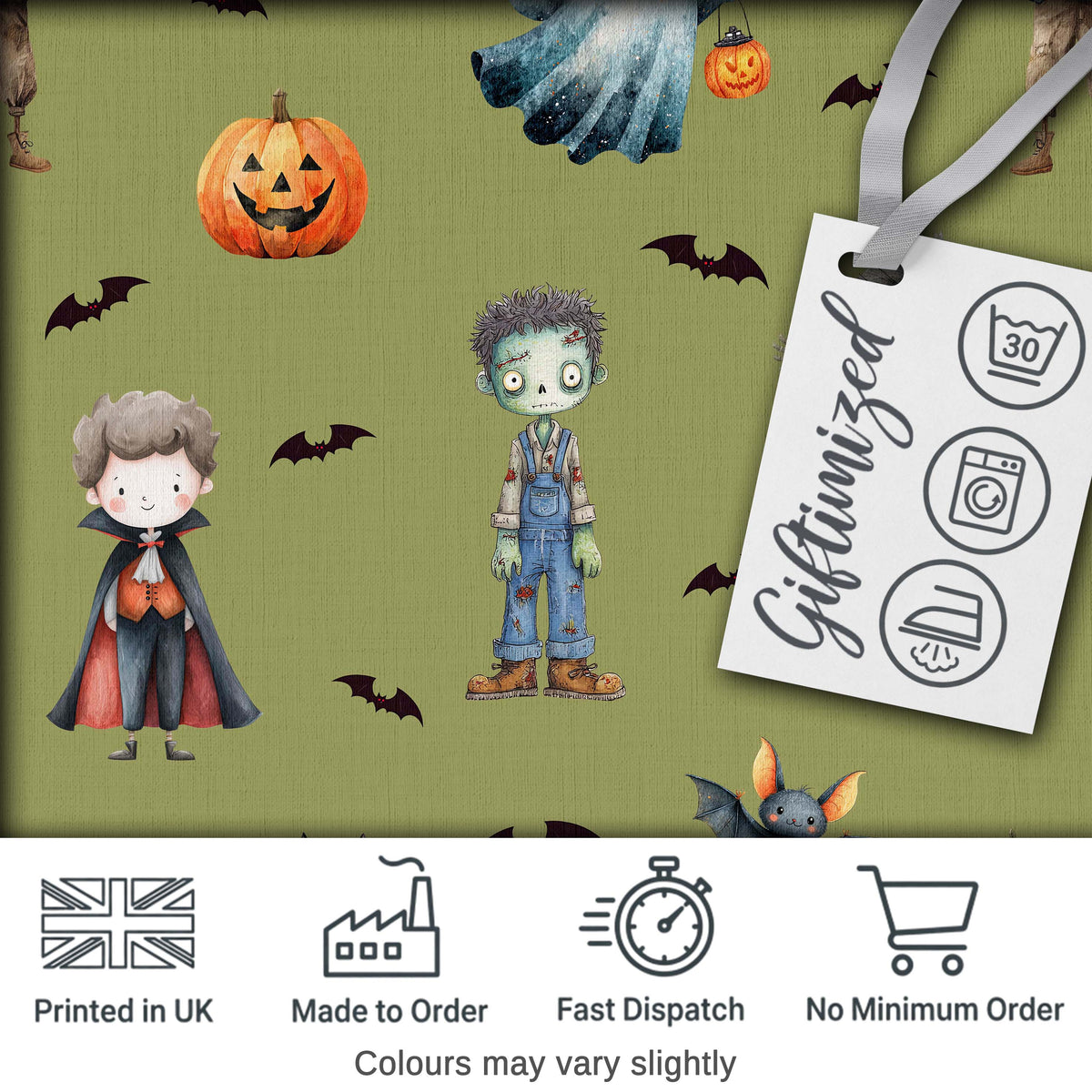 Halloween Zombie Mummy Vampire Bat Spooky Olive  Seamless Pattern Digital Print Fabric by the Metre UK Sewing Quilting Textile