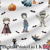 Halloween Zombie Mummy Vampire Bat Spooky Light Grey  Seamless Pattern Digital Print Fabric by the Metre UK Sewing Quilting Textile