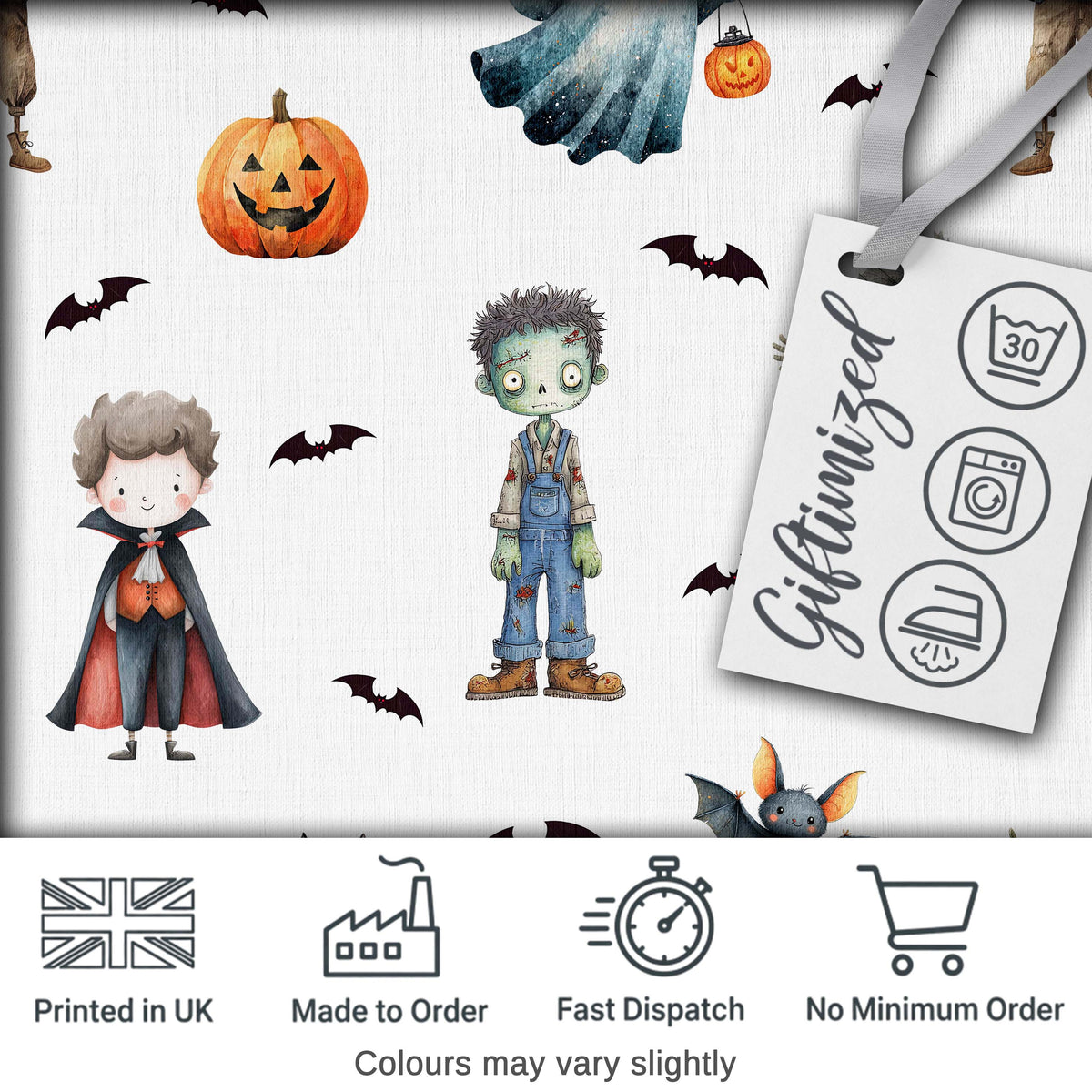 Halloween Zombie Mummy Vampire Bat Spooky Light Grey  Seamless Pattern Digital Print Fabric by the Metre UK Sewing Quilting Textile
