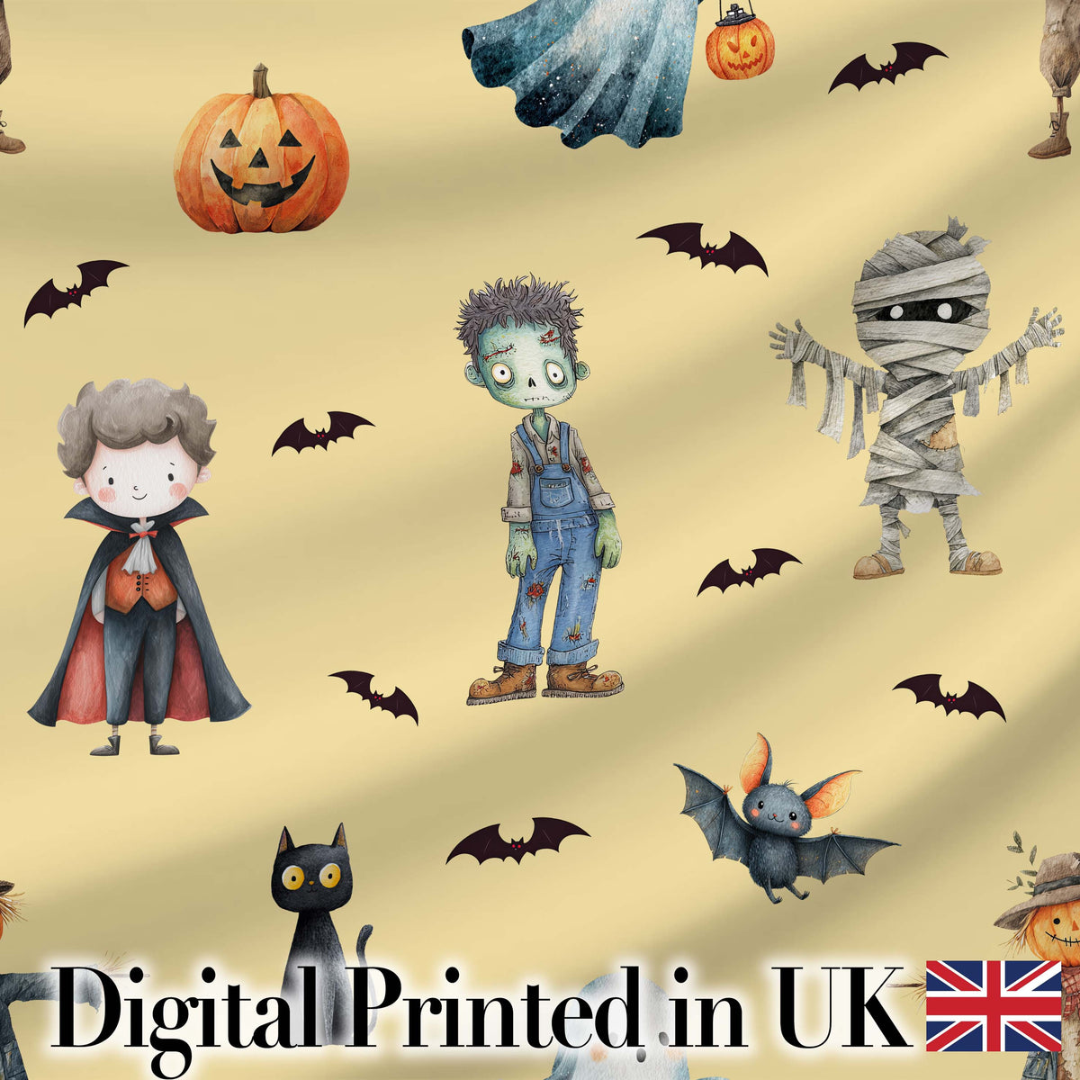 Halloween Zombie Mummy Vampire Bat Spooky Cream  Seamless Pattern Digital Print Fabric by the Metre UK Sewing Quilting Textile