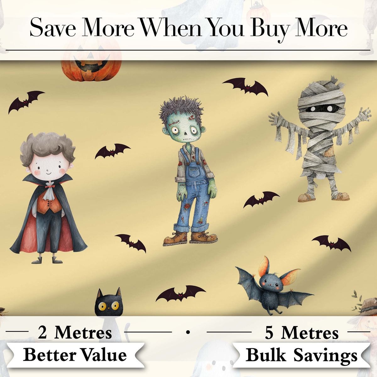 Halloween Zombie Mummy Vampire Bat Spooky Cream  Seamless Pattern Digital Print Fabric by the Metre UK Sewing Quilting Textile