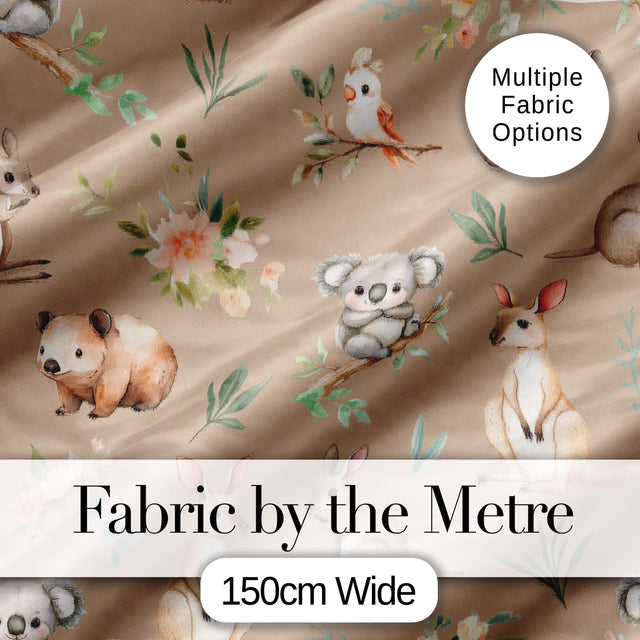 Woodland Animals Koala Kangaroo Bear Floral Warm Taupe  Seamless Pattern Digital Print Fabric by the Metre UK Sewing Quilting Textile