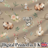 Woodland Animals Koala Kangaroo Bear Floral Warm Taupe  Seamless Pattern Digital Print Fabric by the Metre UK Sewing Quilting Textile