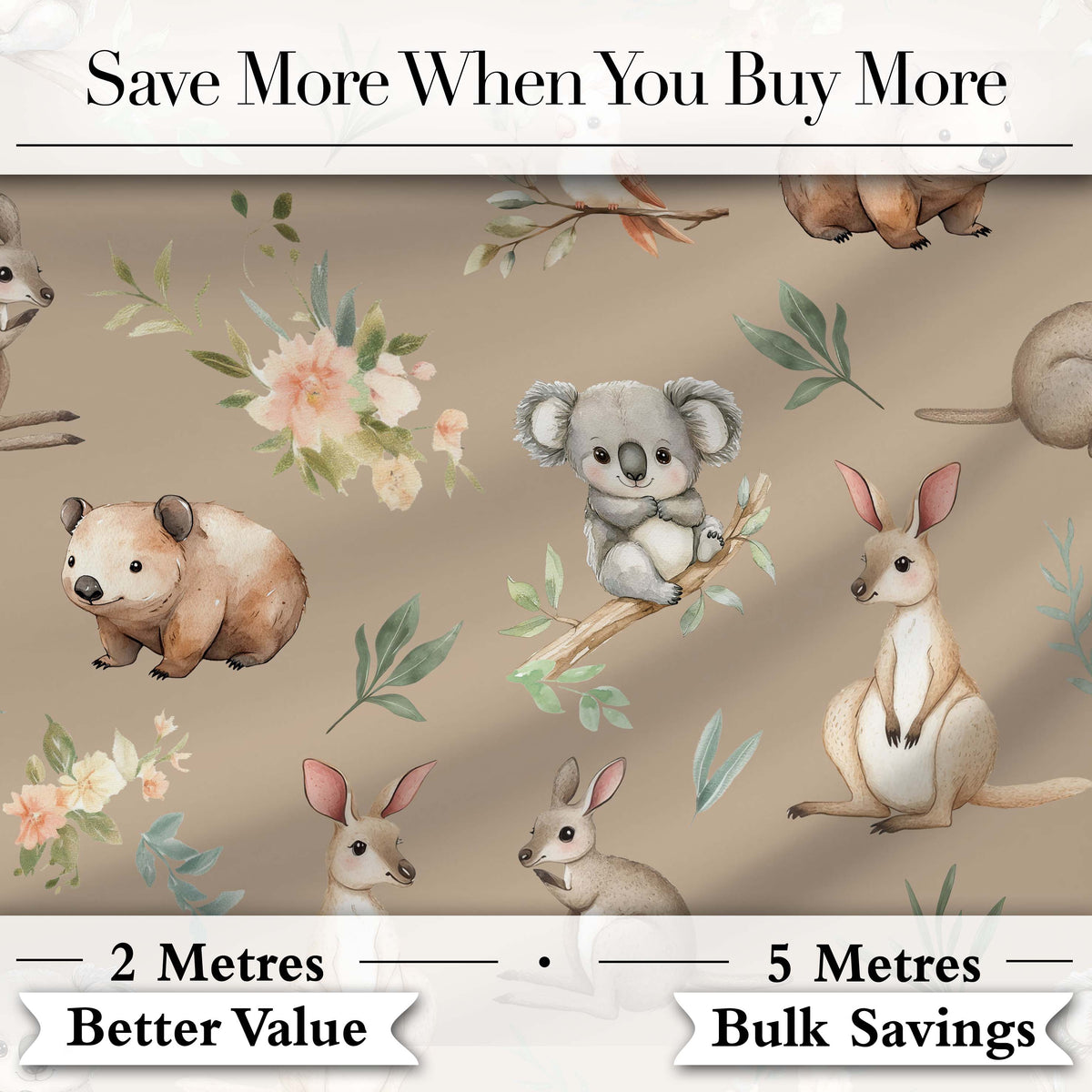 Woodland Animals Koala Kangaroo Bear Floral Warm Taupe  Seamless Pattern Digital Print Fabric by the Metre UK Sewing Quilting Textile