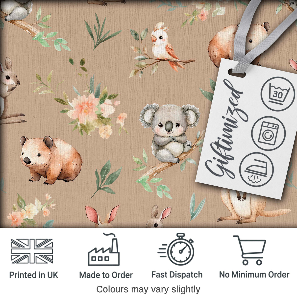 Woodland Animals Koala Kangaroo Bear Floral Warm Taupe  Seamless Pattern Digital Print Fabric by the Metre UK Sewing Quilting Textile
