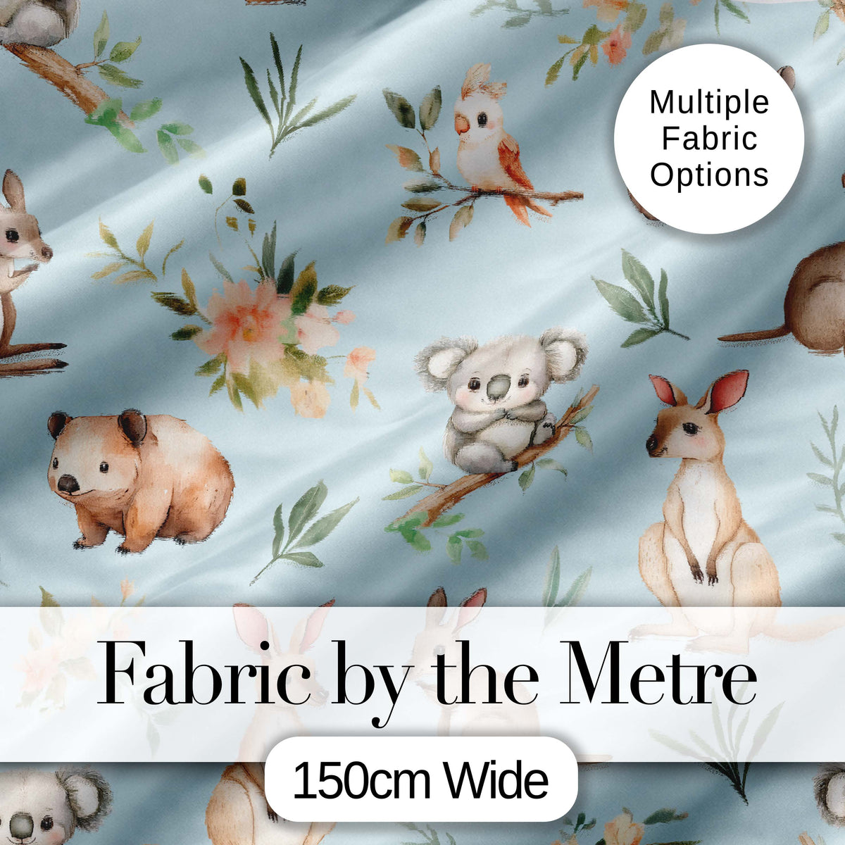 Woodland Animals Koala Kangaroo Bear Floral Dusty Blue  Seamless Pattern Digital Print Fabric by the Metre UK Sewing Quilting Textile