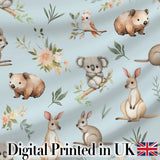 Woodland Animals Koala Kangaroo Bear Floral Dusty Blue  Seamless Pattern Digital Print Fabric by the Metre UK Sewing Quilting Textile