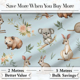 Woodland Animals Koala Kangaroo Bear Floral Dusty Blue  Seamless Pattern Digital Print Fabric by the Metre UK Sewing Quilting Textile
