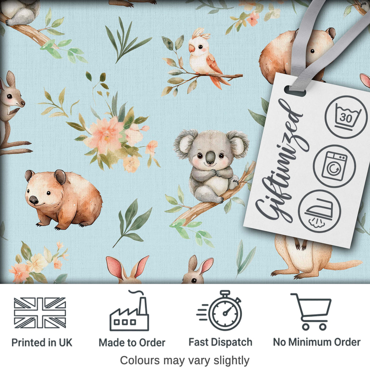 Woodland Animals Koala Kangaroo Bear Floral Dusty Blue  Seamless Pattern Digital Print Fabric by the Metre UK Sewing Quilting Textile