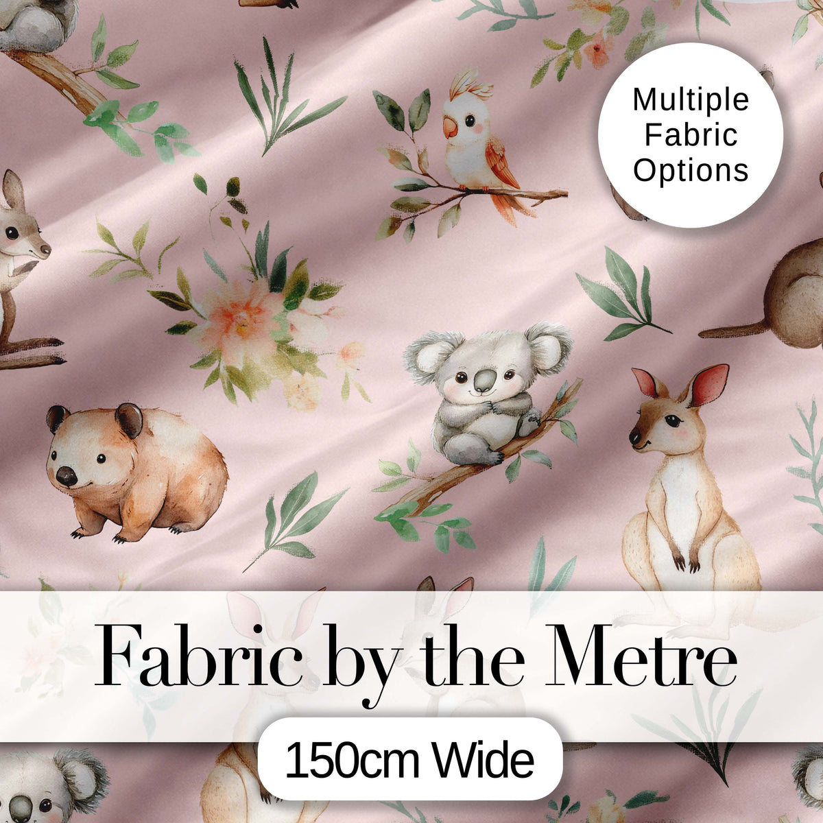 Woodland Animals Koala Kangaroo Bear Floral Blush Pink  Seamless Pattern Digital Print Fabric by the Metre UK Sewing Quilting Textile