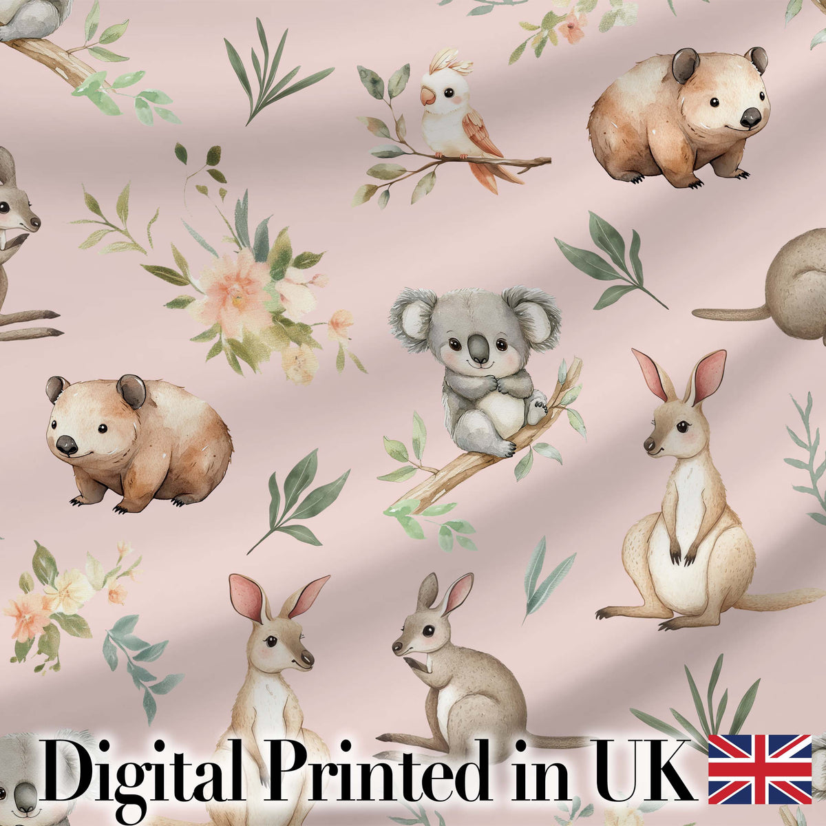 Woodland Animals Koala Kangaroo Bear Floral Blush Pink  Seamless Pattern Digital Print Fabric by the Metre UK Sewing Quilting Textile