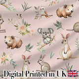Woodland Animals Koala Kangaroo Bear Floral Blush Pink  Seamless Pattern Digital Print Fabric by the Metre UK Sewing Quilting Textile