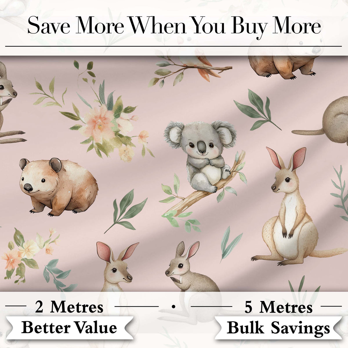 Woodland Animals Koala Kangaroo Bear Floral Blush Pink  Seamless Pattern Digital Print Fabric by the Metre UK Sewing Quilting Textile