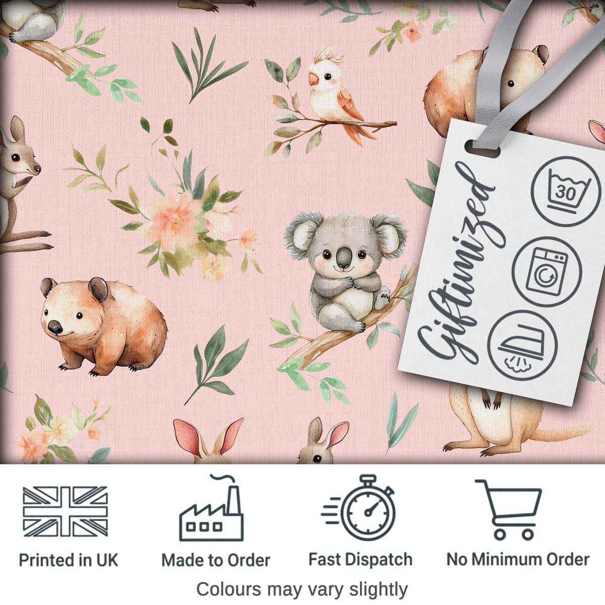 Woodland Animals Koala Kangaroo Bear Floral Blush Pink  Seamless Pattern Digital Print Fabric by the Metre UK Sewing Quilting Textile