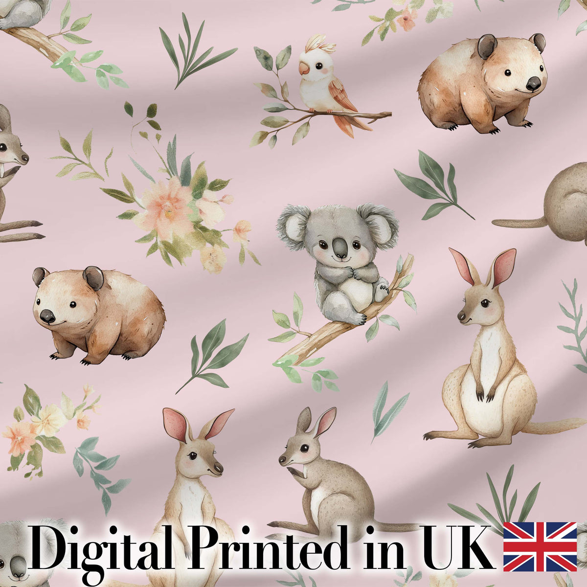 Woodland Animals Koala Kangaroo Bear Floral Mauve Pink  Seamless Pattern Digital Print Fabric by the Metre UK Sewing Quilting Textile