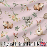 Woodland Animals Koala Kangaroo Bear Floral Mauve Pink  Seamless Pattern Digital Print Fabric by the Metre UK Sewing Quilting Textile