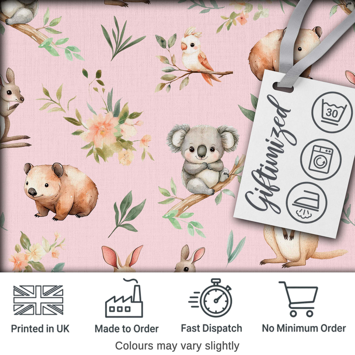 Woodland Animals Koala Kangaroo Bear Floral Mauve Pink  Seamless Pattern Digital Print Fabric by the Metre UK Sewing Quilting Textile