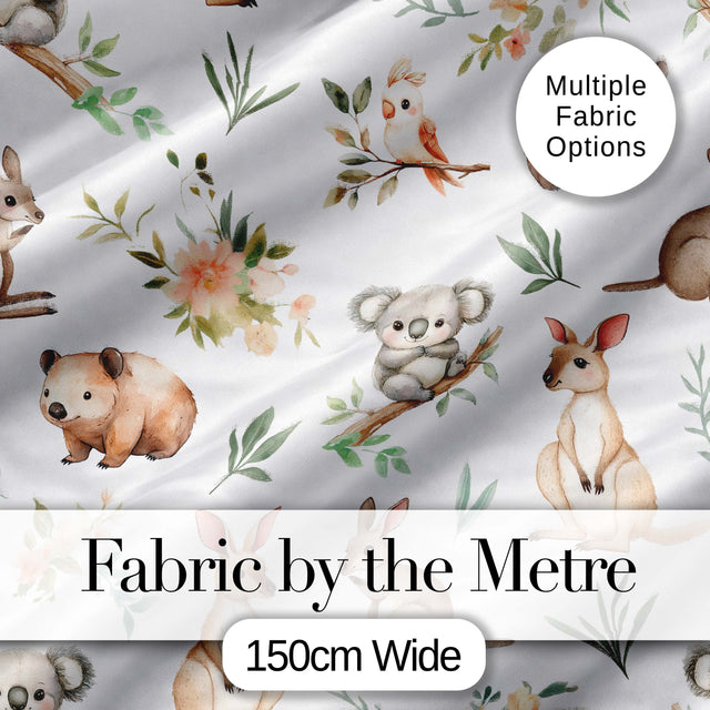 Woodland Animals Koala Kangaroo Bear Floral Light Grey  Seamless Pattern Digital Print Fabric by the Metre UK Sewing Quilting Textile