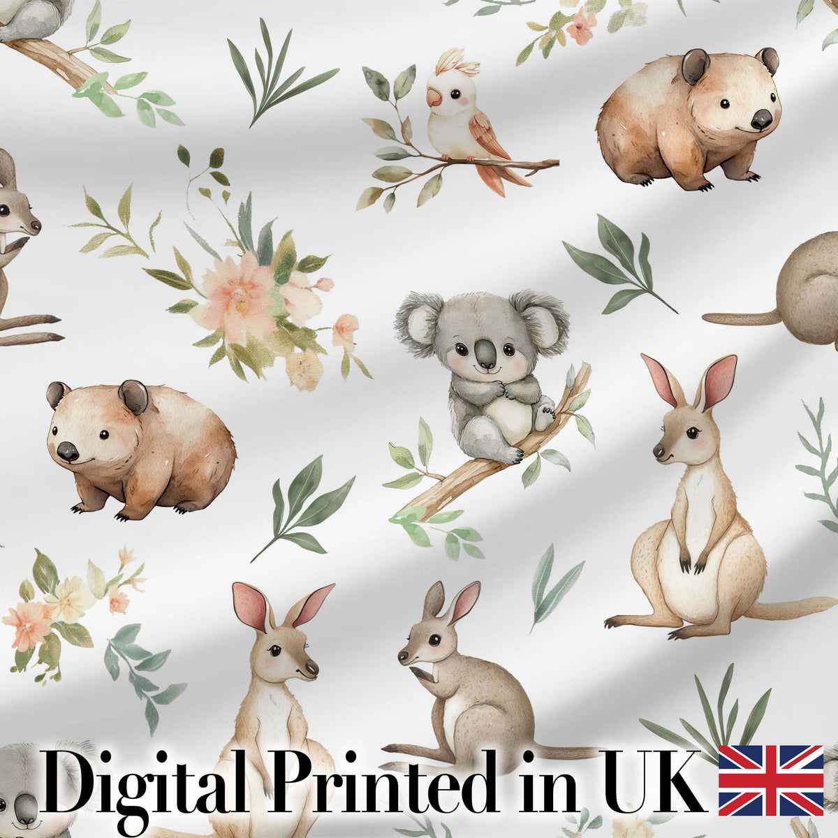 Woodland Animals Koala Kangaroo Bear Floral Light Grey  Seamless Pattern Digital Print Fabric by the Metre UK Sewing Quilting Textile