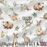 Woodland Animals Koala Kangaroo Bear Floral Light Grey  Seamless Pattern Digital Print Fabric by the Metre UK Sewing Quilting Textile