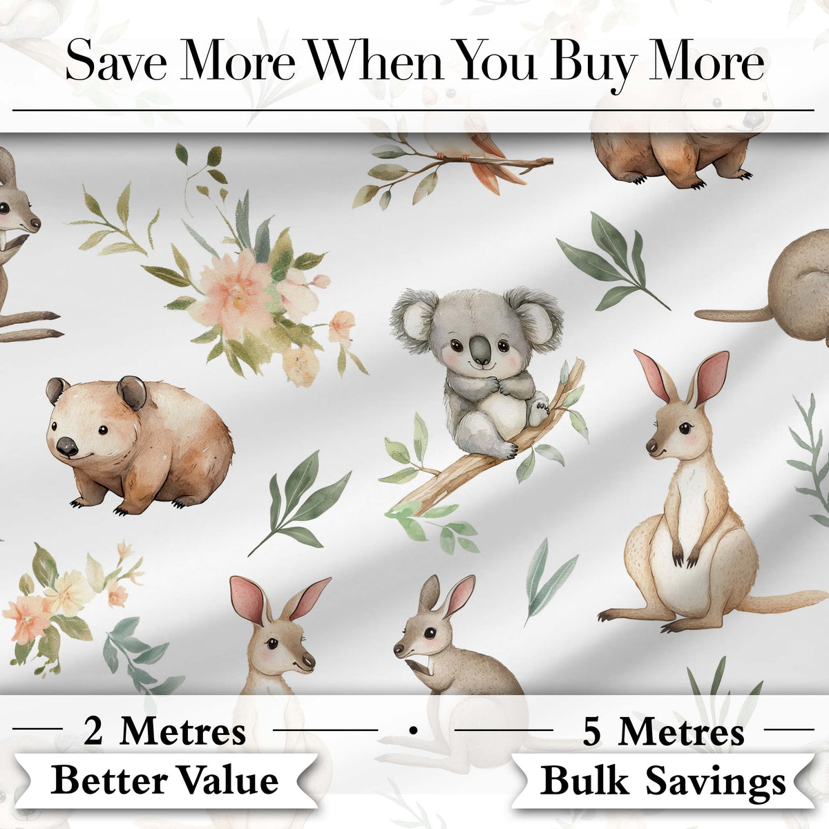 Woodland Animals Koala Kangaroo Bear Floral Light Grey  Seamless Pattern Digital Print Fabric by the Metre UK Sewing Quilting Textile