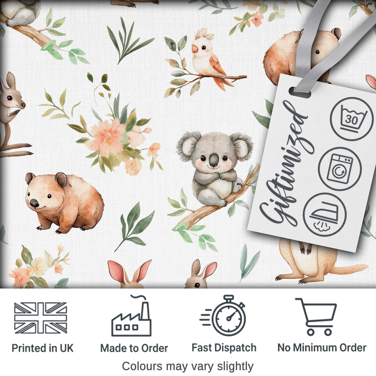 Woodland Animals Koala Kangaroo Bear Floral Light Grey  Seamless Pattern Digital Print Fabric by the Metre UK Sewing Quilting Textile
