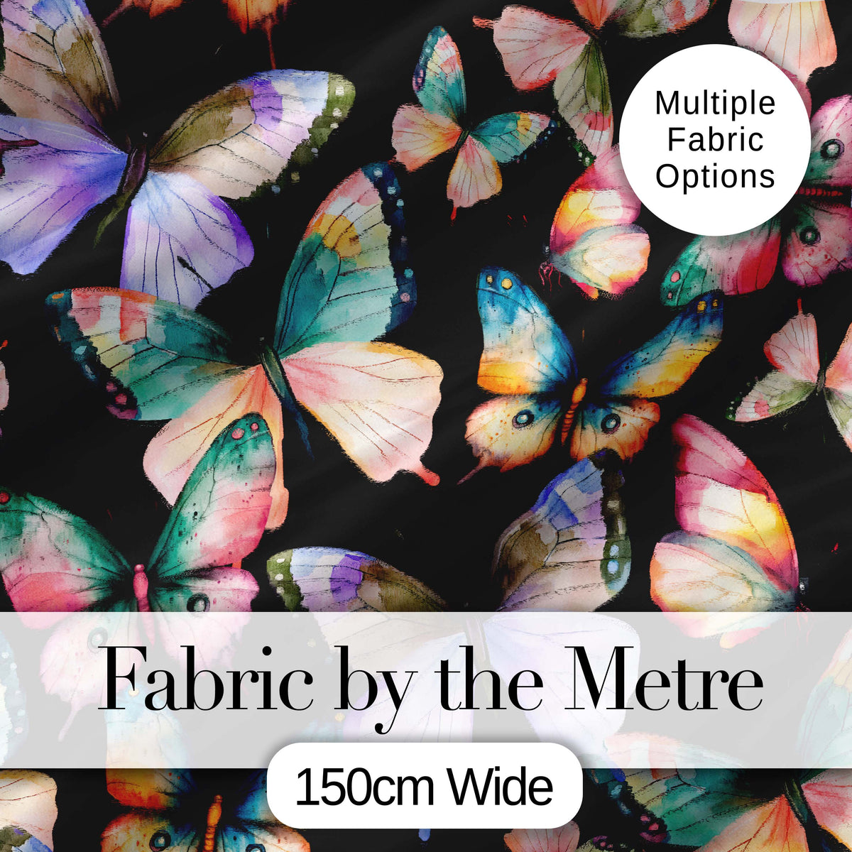Colorful Watercolor Butterflies on Black Background Seamless Pattern Digital Print Fabric by the Metre UK Sewing Quilting Textile
