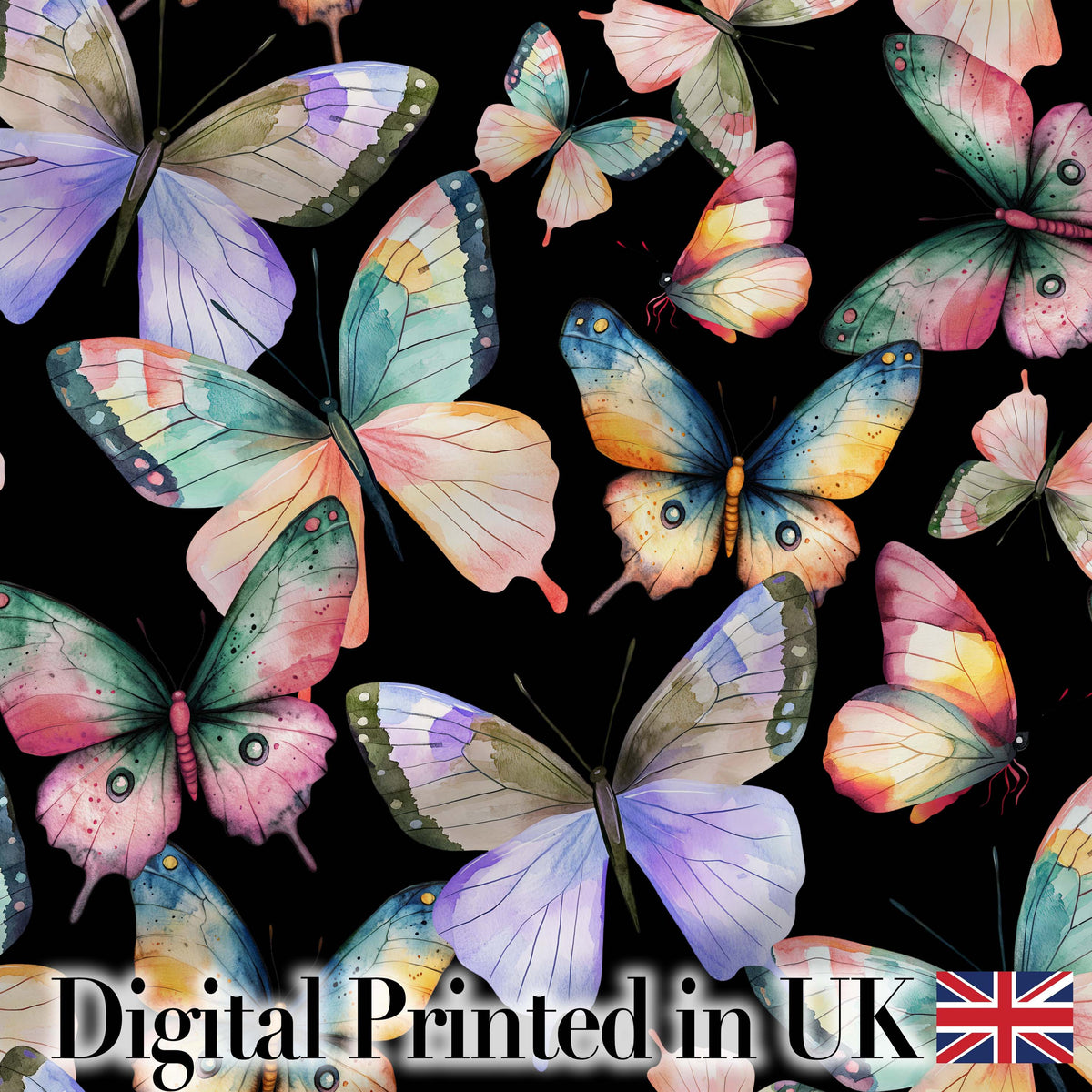 Colorful Watercolor Butterflies on Black Background Seamless Pattern Digital Print Fabric by the Metre UK Sewing Quilting Textile