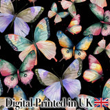 Colorful Watercolor Butterflies on Black Background Seamless Pattern Digital Print Fabric by the Metre UK Sewing Quilting Textile