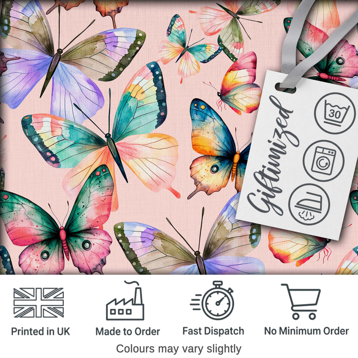 Colorful Watercolor Butterflies on Blush Pink Background Seamless Pattern Digital Print Fabric by the Metre UK Sewing Quilting Textile