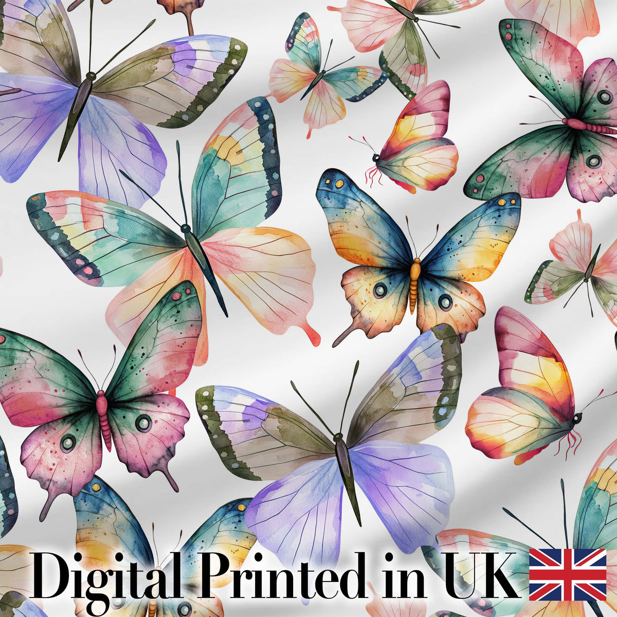 Colorful Watercolor Butterflies on White Background Seamless Pattern Digital Print Fabric by the Metre UK Sewing Quilting Textile
