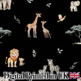 Cute Safari Animals Giraffe Lion Zebra on Black Background Seamless Pattern Digital Print Fabric by the Metre UK Sewing Quilting Textile