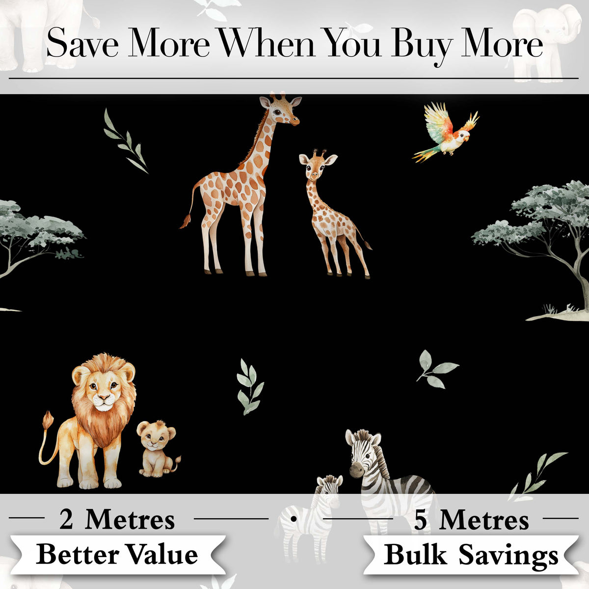 Cute Safari Animals Giraffe Lion Zebra on Black Background Seamless Pattern Digital Print Fabric by the Metre UK Sewing Quilting Textile