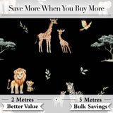 Cute Safari Animals Giraffe Lion Zebra on Black Background Seamless Pattern Digital Print Fabric by the Metre UK Sewing Quilting Textile