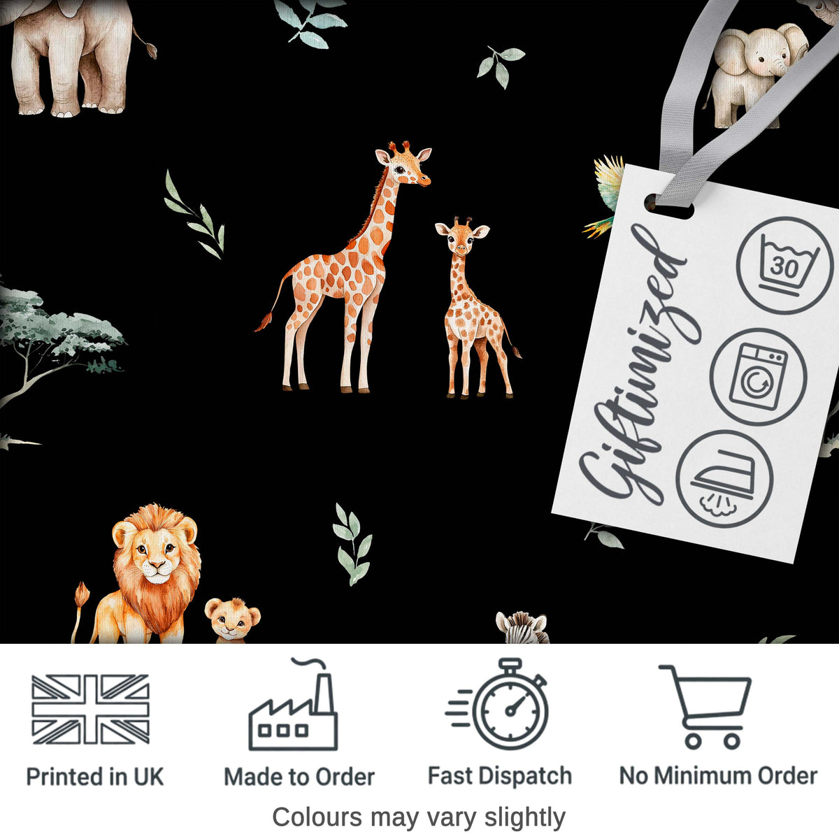 Cute Safari Animals Giraffe Lion Zebra on Black Background Seamless Pattern Digital Print Fabric by the Metre UK Sewing Quilting Textile
