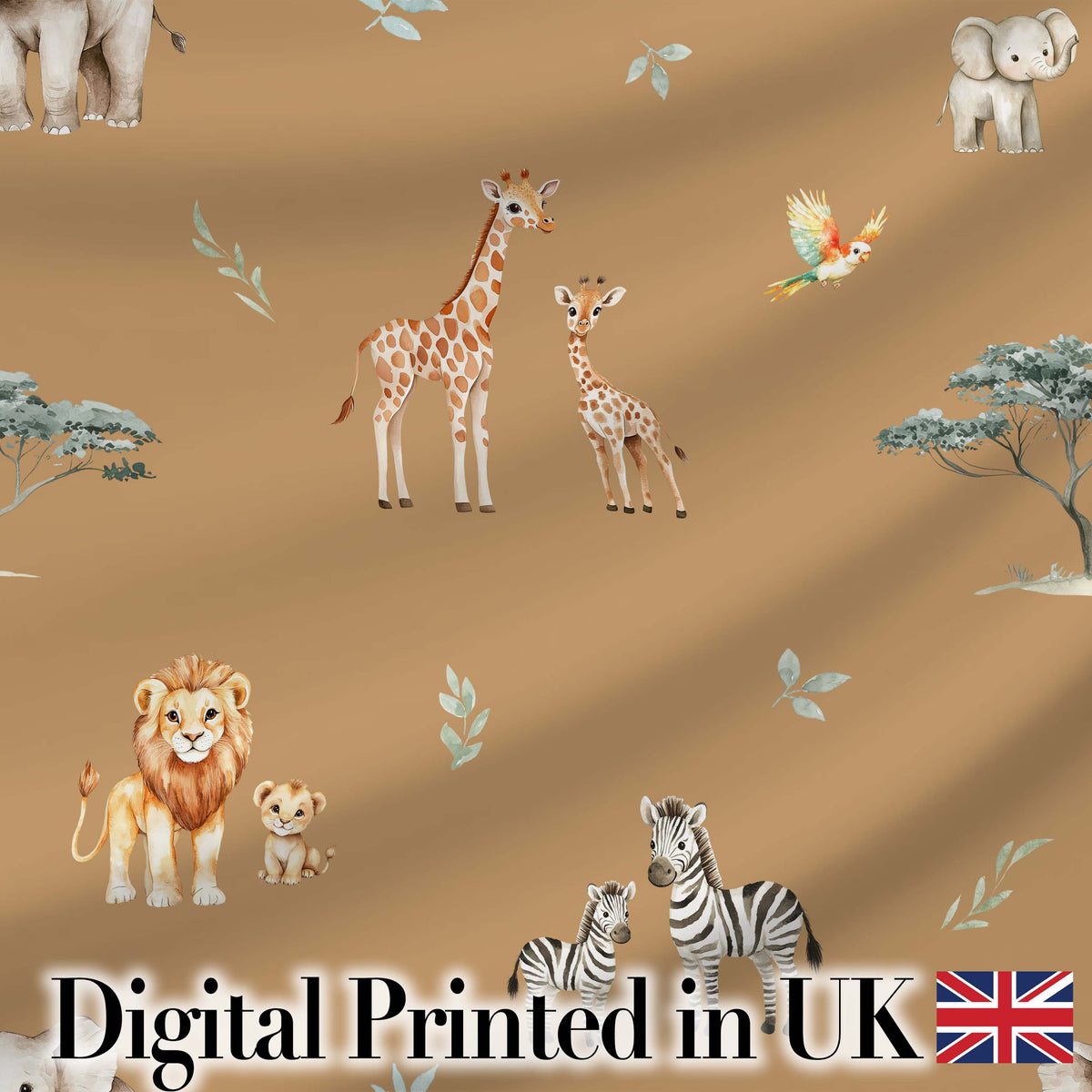 Cute Safari Animals Giraffe Lion Zebra on Brown Background Seamless Pattern Digital Print Fabric by the Metre UK Sewing Quilting Textile