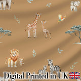 Cute Safari Animals Giraffe Lion Zebra on Brown Background Seamless Pattern Digital Print Fabric by the Metre UK Sewing Quilting Textile
