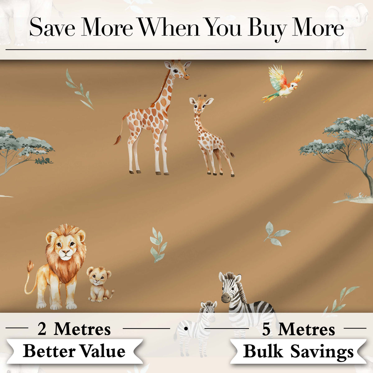 Cute Safari Animals Giraffe Lion Zebra on Brown Background Seamless Pattern Digital Print Fabric by the Metre UK Sewing Quilting Textile
