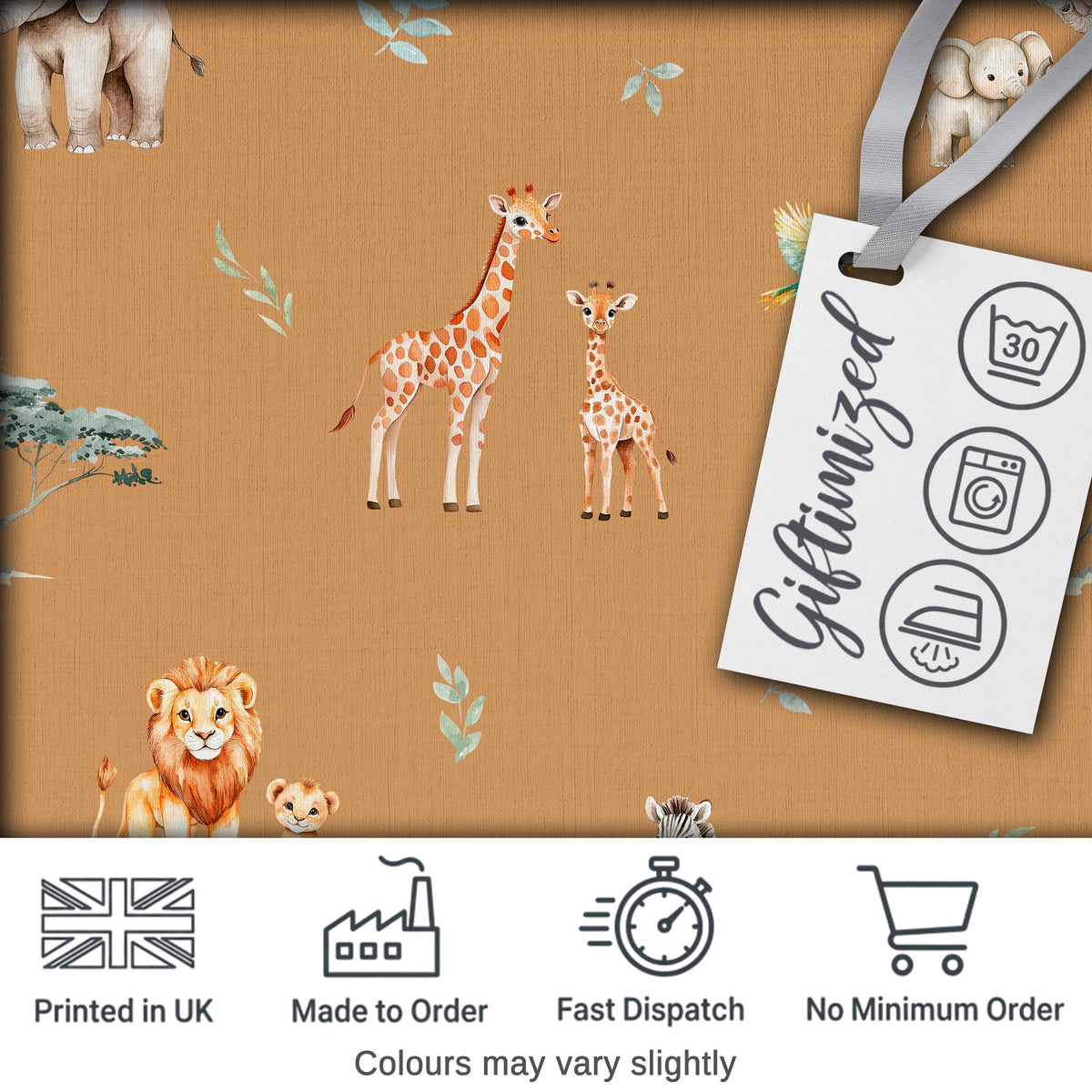 Cute Safari Animals Giraffe Lion Zebra on Brown Background Seamless Pattern Digital Print Fabric by the Metre UK Sewing Quilting Textile