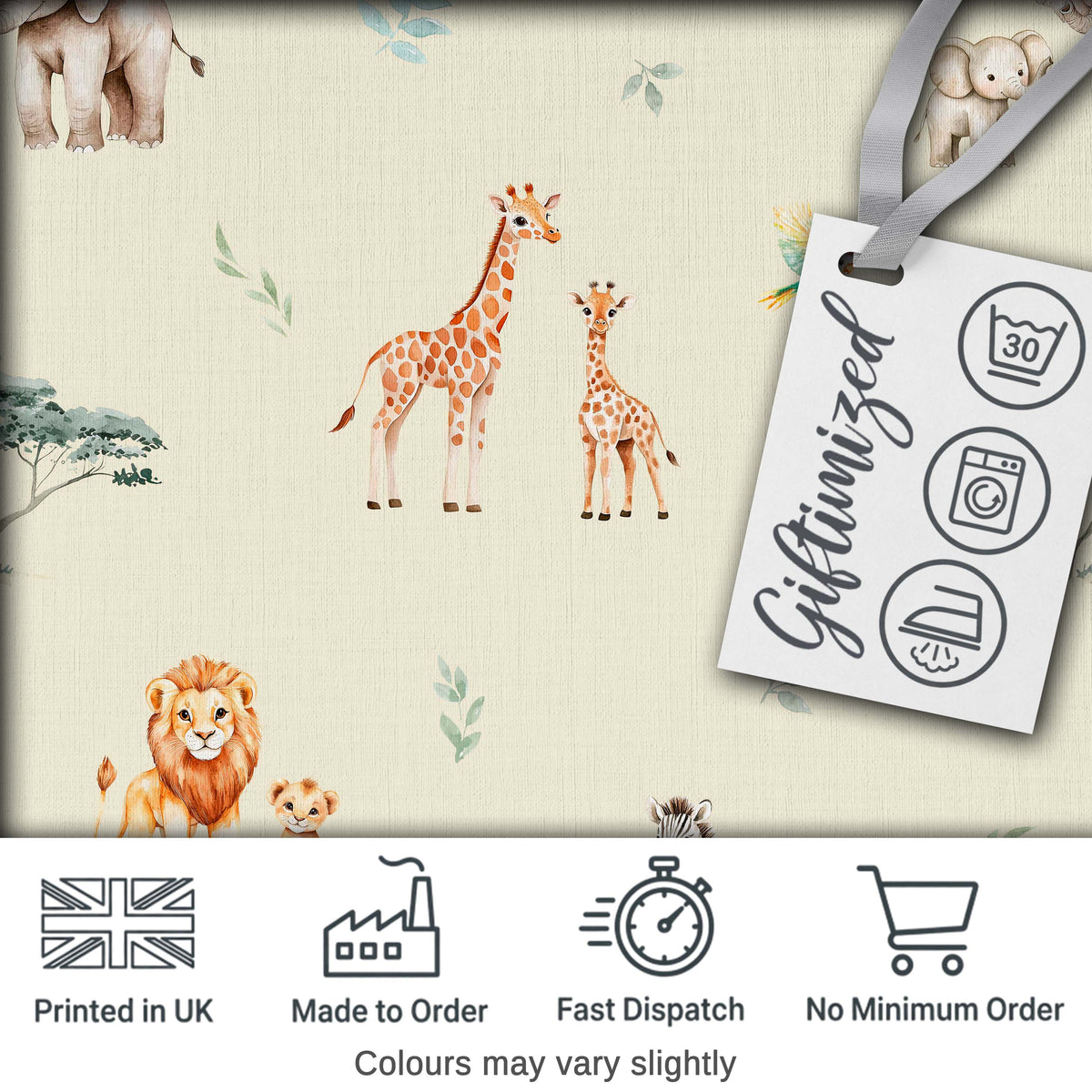 Cute Safari Animals Giraffe Lion Zebra on Cream Background Seamless Pattern Digital Print Fabric by the Metre UK Sewing Quilting Textile
