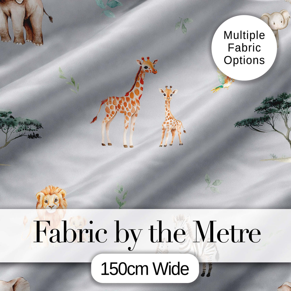 Cute Safari Animals Giraffe Lion Zebra on Grey Background Seamless Pattern Digital Print Fabric by the Metre UK Sewing Quilting Textile