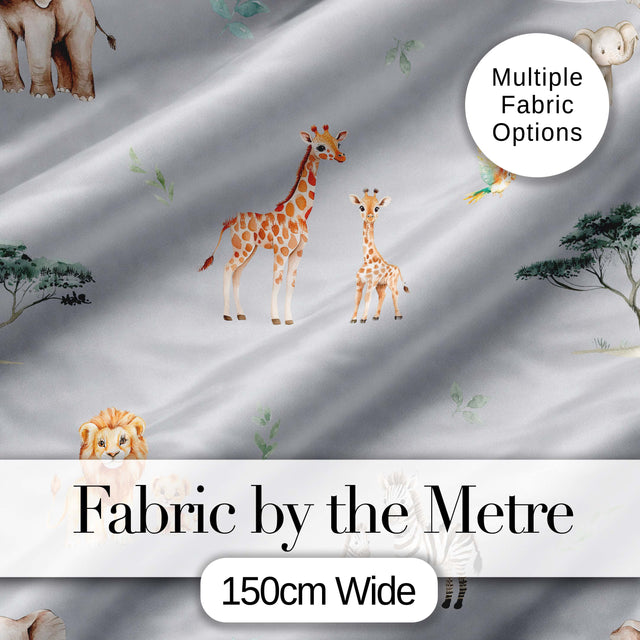 Cute Safari Animals Giraffe Lion Zebra on Grey Background Seamless Pattern Digital Print Fabric by the Metre UK Sewing Quilting Textile