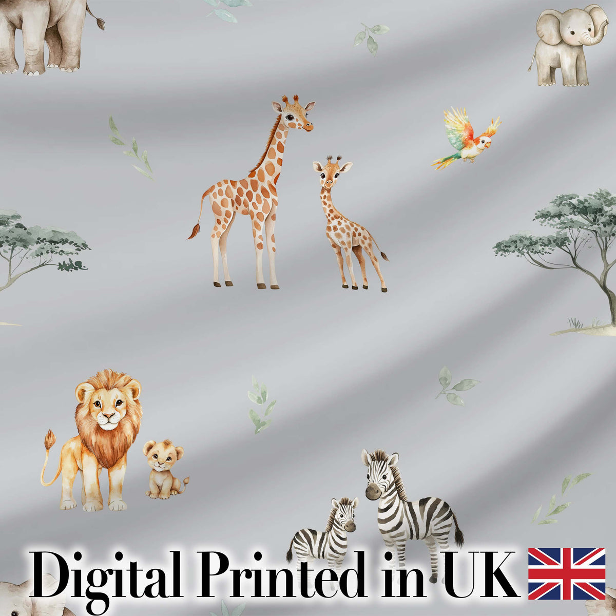 Cute Safari Animals Giraffe Lion Zebra on Grey Background Seamless Pattern Digital Print Fabric by the Metre UK Sewing Quilting Textile