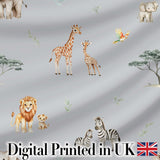 Cute Safari Animals Giraffe Lion Zebra on Grey Background Seamless Pattern Digital Print Fabric by the Metre UK Sewing Quilting Textile